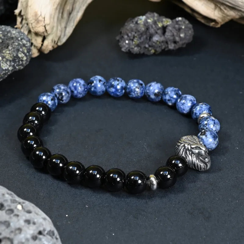 Bracelet Homme Onyx & Lapis Lazuli - Maîtrise, Sagesse & Charisme Lion