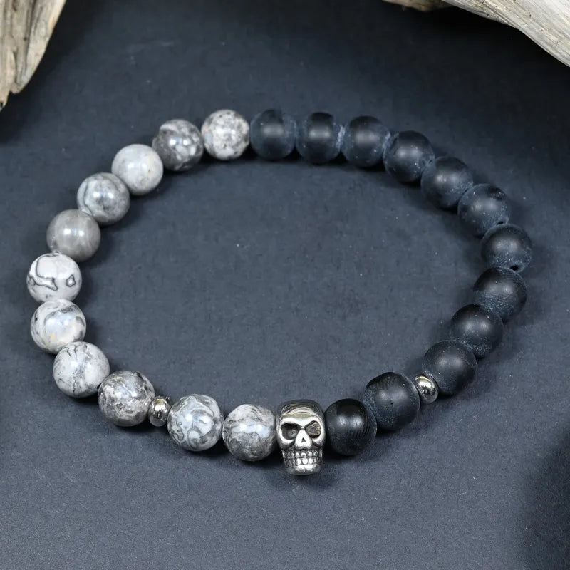 Bracelet Homme Onyx & Jaspe Gris - Force, Résilience & Transformation Tête de Mort