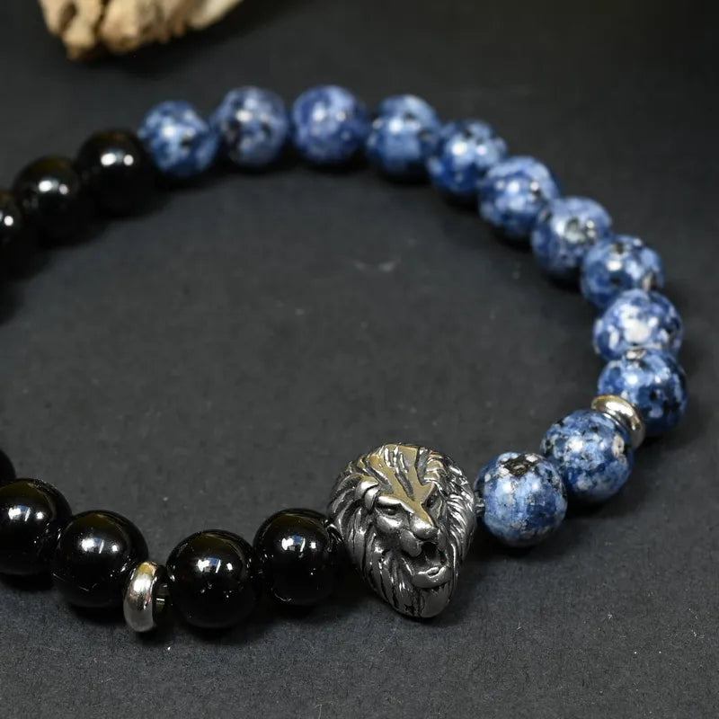 Bracelet Homme Onyx & Lapis Lazuli - Maîtrise, Sagesse & Charisme Lion