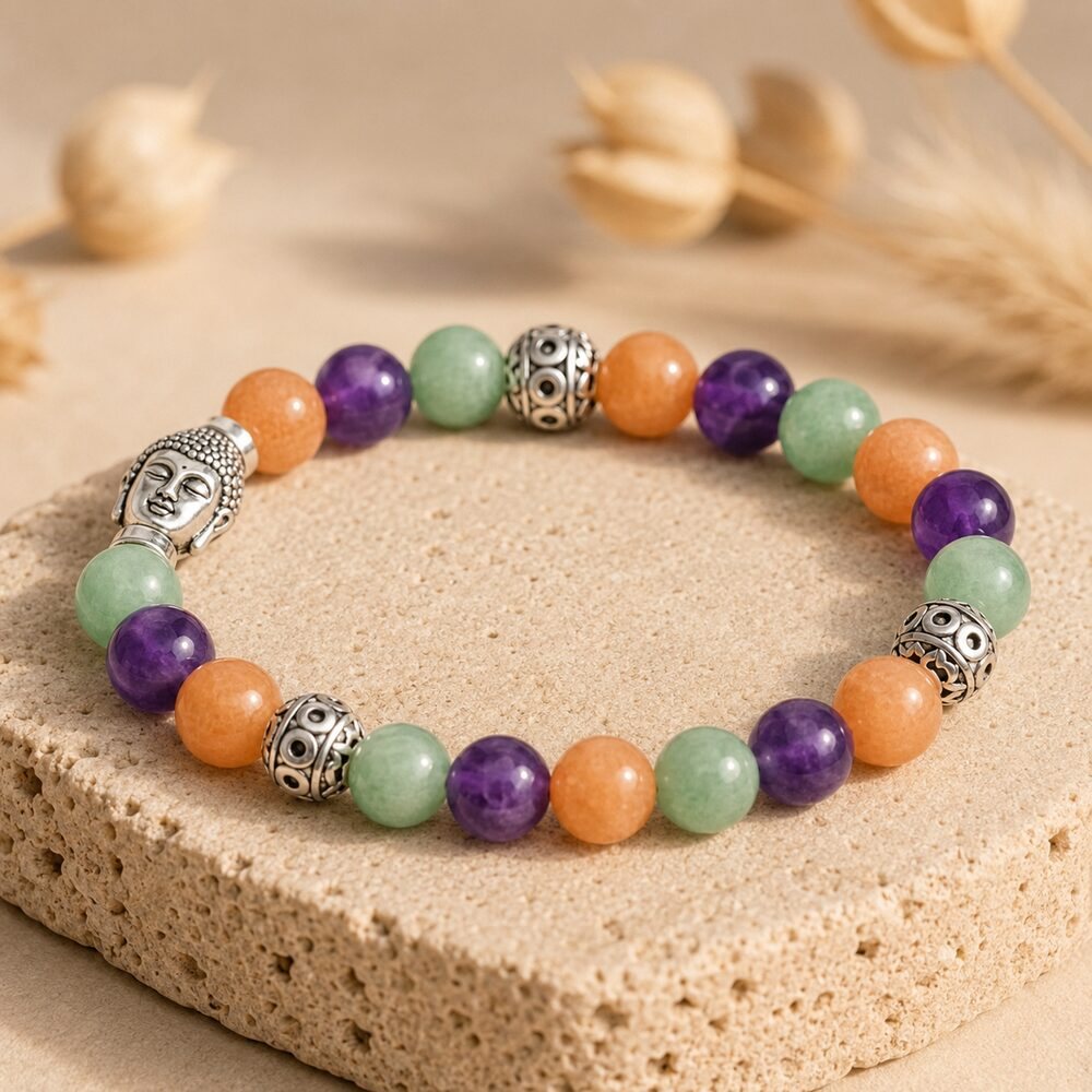 Bracelet "Sagesse, Anti-stress et Tranquillité" en Améthyste, Jade et Aventurine Orange