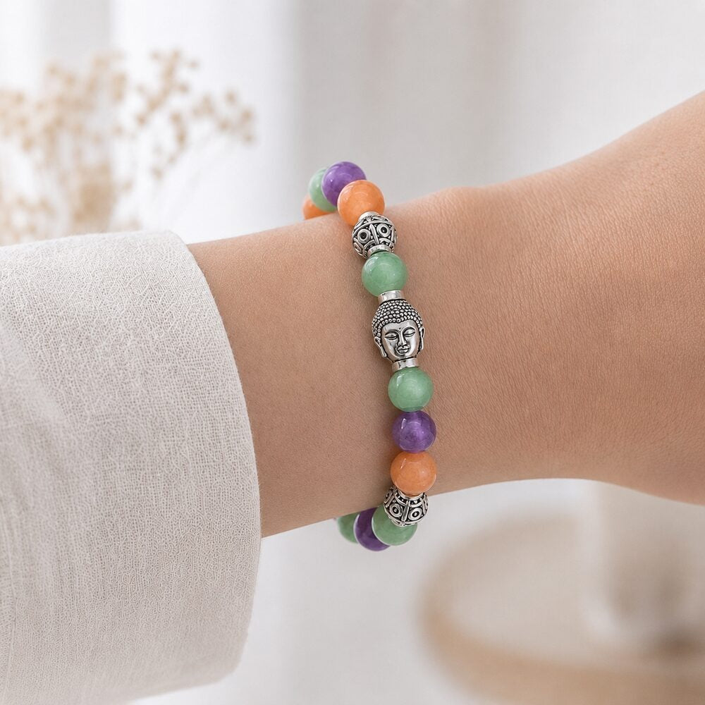 Bracelet "Sagesse, Anti-stress et Tranquillité" en Améthyste, Jade et Aventurine Orange