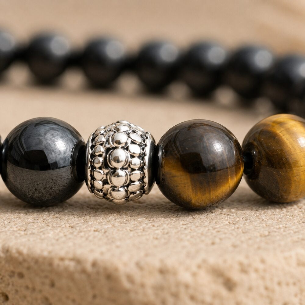 Bracelet "Triple" en Hematite, Oeil-de-Tigre et Obsidienne