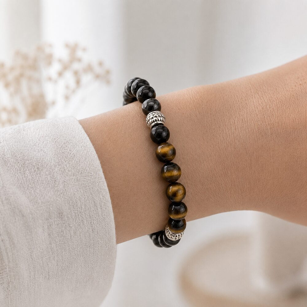 Bracelet "Triple" en Hematite, Oeil-de-Tigre et Obsidienne