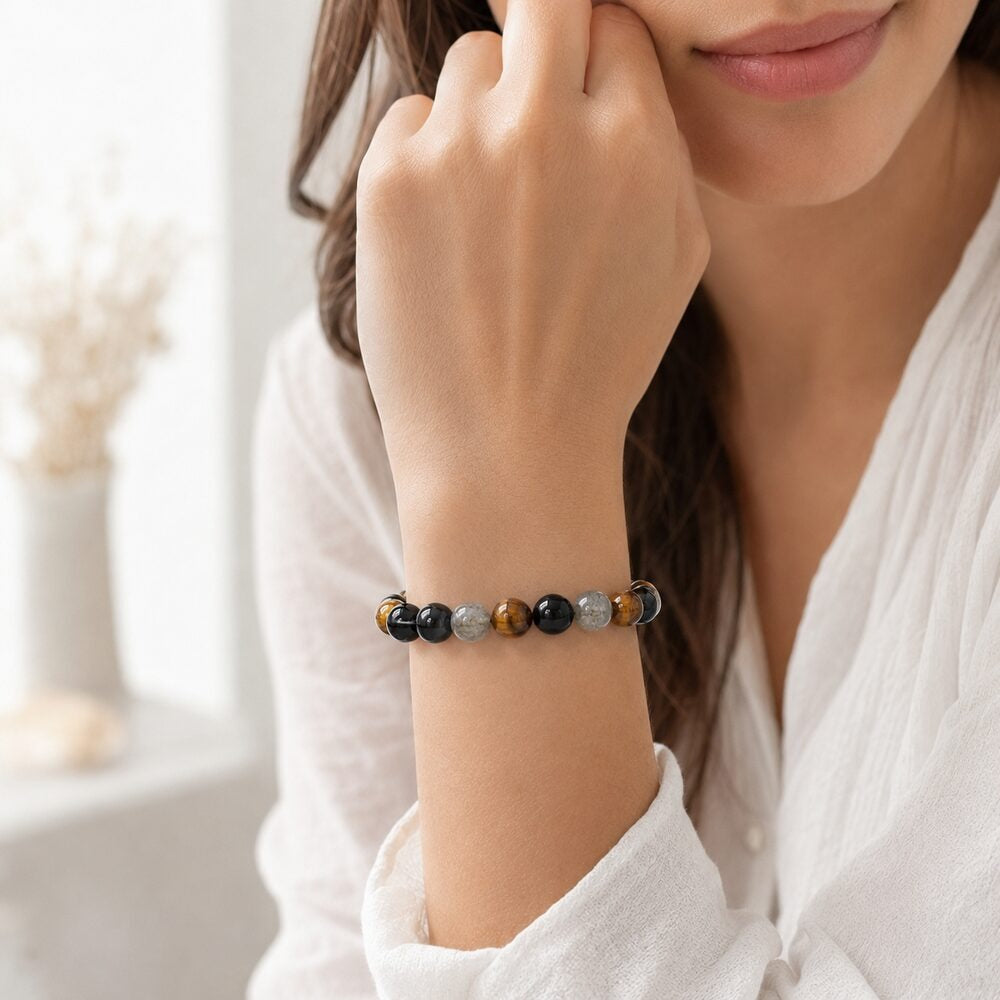 Bracelet "Confiance et Protection" Mix en Labradorite, Œil de Tigre & Tourmaline Noire