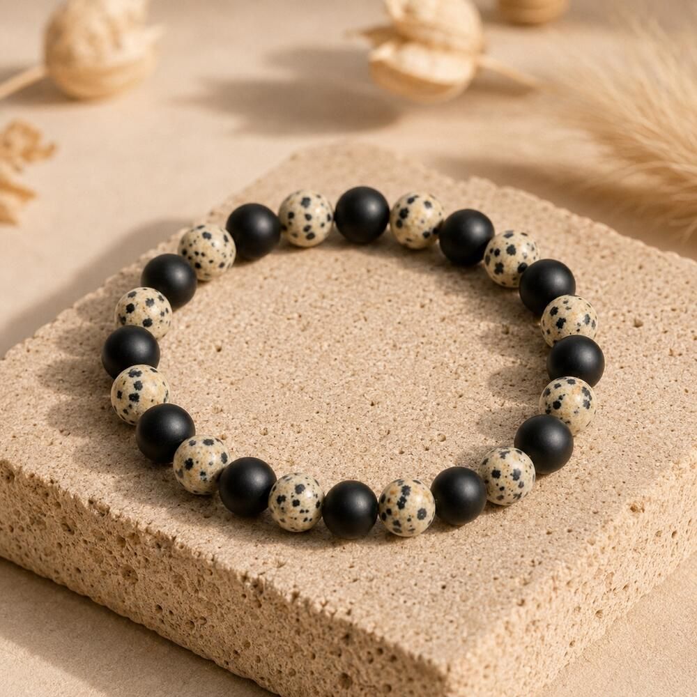 Bracelet "Minceur" Mix en Agate Noire & Jaspe Dalmatien