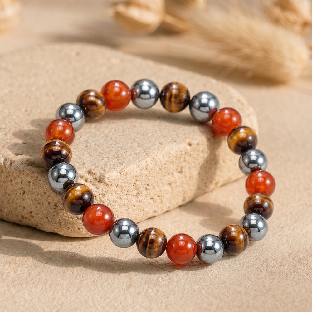 Bracelet "Confiance en soi" Mix en Hématite, Oeil de Taureau & Cornaline