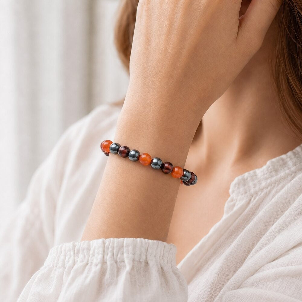 Bracelet "Confiance en soi" Mix en Hématite, Oeil de Taureau & Cornaline