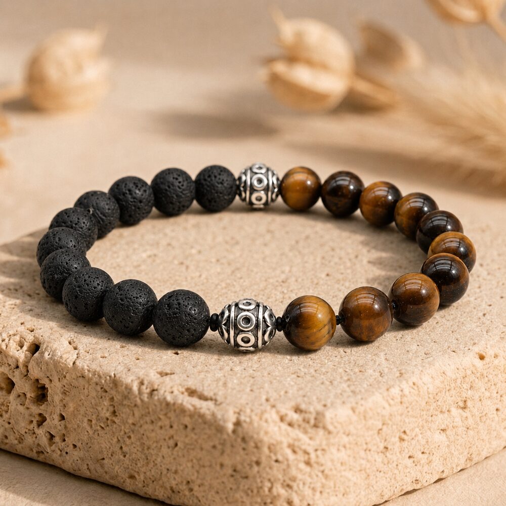Bracelet "Confiance en soi" Wing Chun en Oeil-de-Tigre & Pierre de Lave