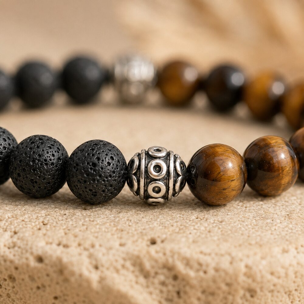 Bracelet "Confiance en soi" Wing Chun en Oeil-de-Tigre & Pierre de Lave