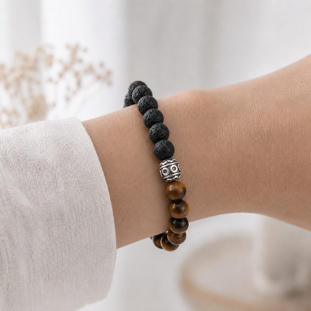 Bracelet "Confiance en soi" Wing Chun en Oeil-de-Tigre & Pierre de Lave