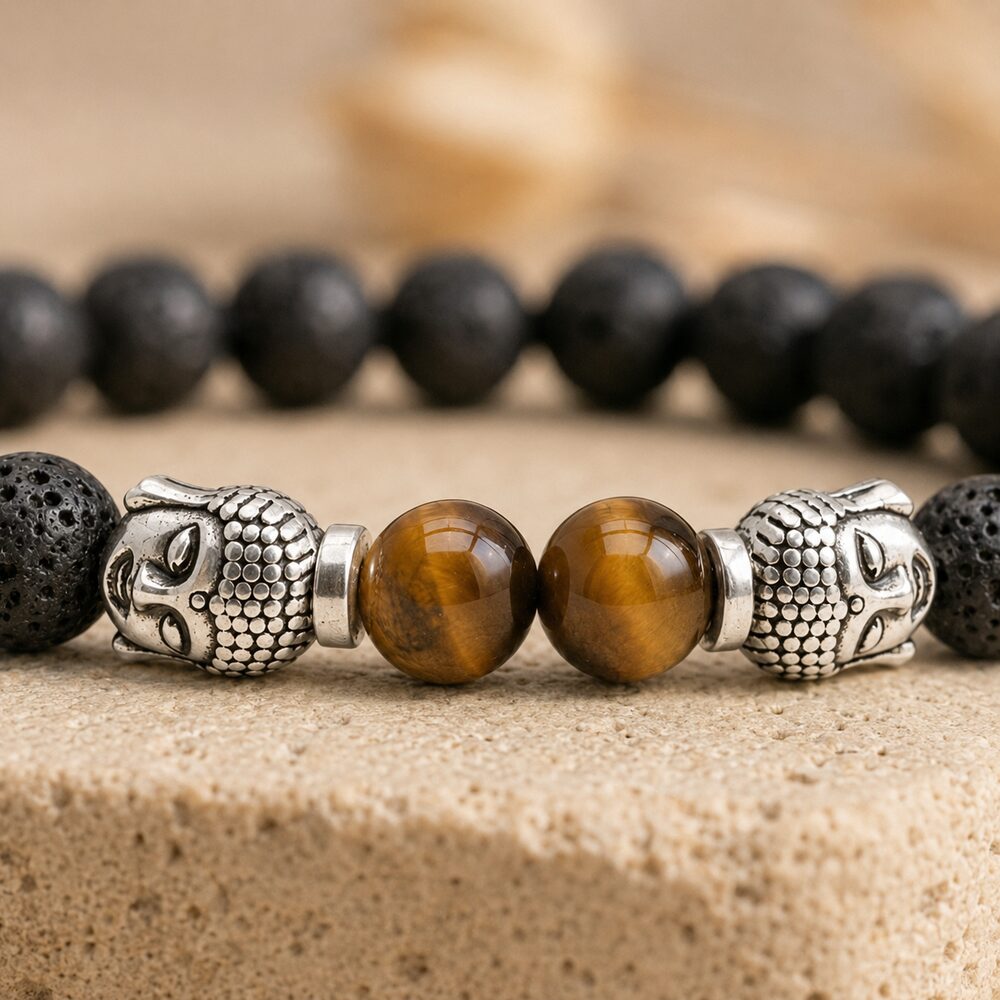 Bracelet "Chance et Protection" Bouddha en Pierre de Lave & Oeil-de-Tigre