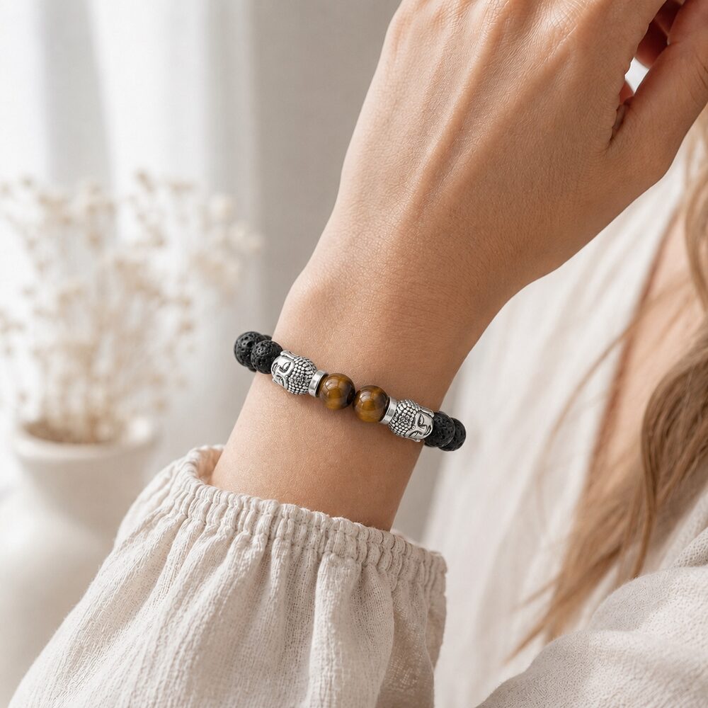 Bracelet "Chance et Protection" Bouddha en Pierre de Lave & Oeil-de-Tigre