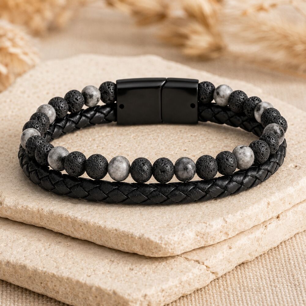 Bracelet "Relaxation & Reconstruction" en Larvikite & Pierre de Lave Tressé Homme