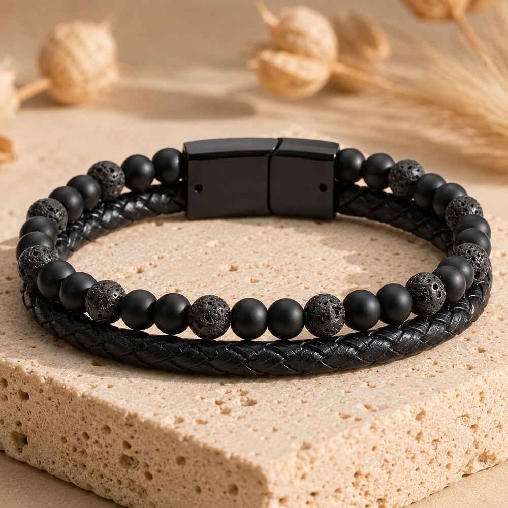 Bracelet "Reconstruction & Force" en Pierre de Lave & Agate Noire Tressé Homme