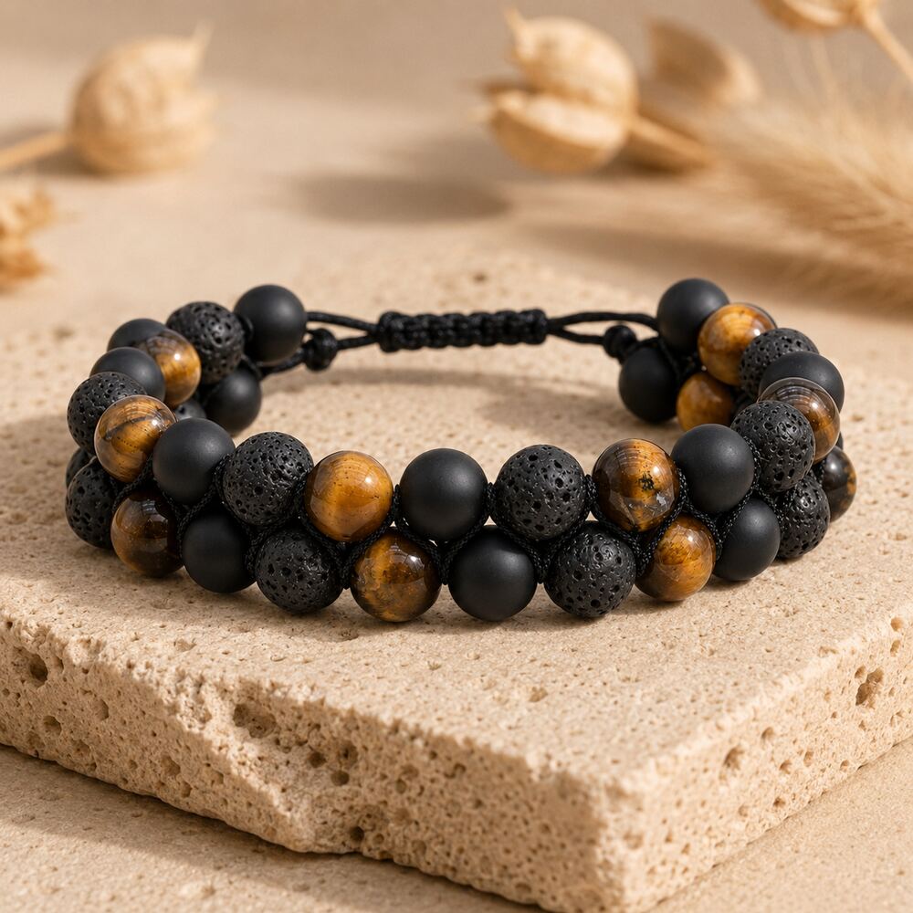Bracelet "Confiance, Force & Reconstruction" en Oeil de Tigre, Pierre de Lave & Agate Noire - Homme
