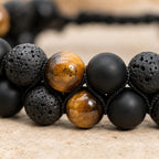 Bracelet "Confiance, Force & Reconstruction" en Oeil de Tigre, Pierre de Lave & Agate Noire - Homme