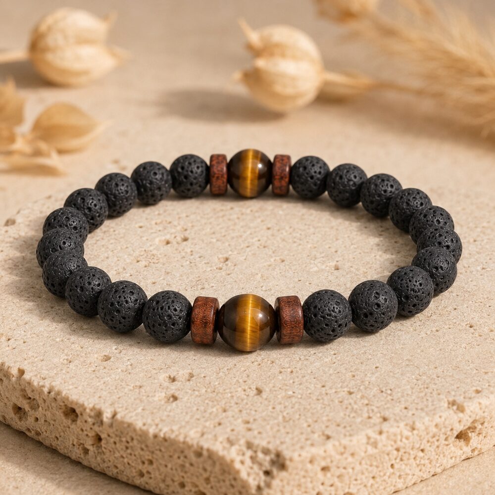 Bracelet "Confiance & Reconstruction" en Oeil de Tigre & Pierre de Lave Homme