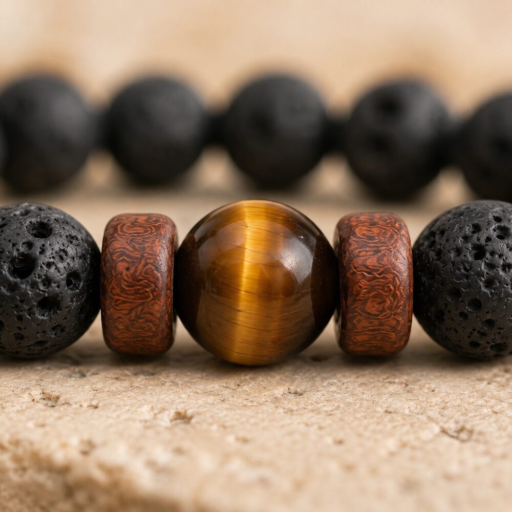 Bracelet "Confiance & Reconstruction" en Oeil de Tigre & Pierre de Lave Homme