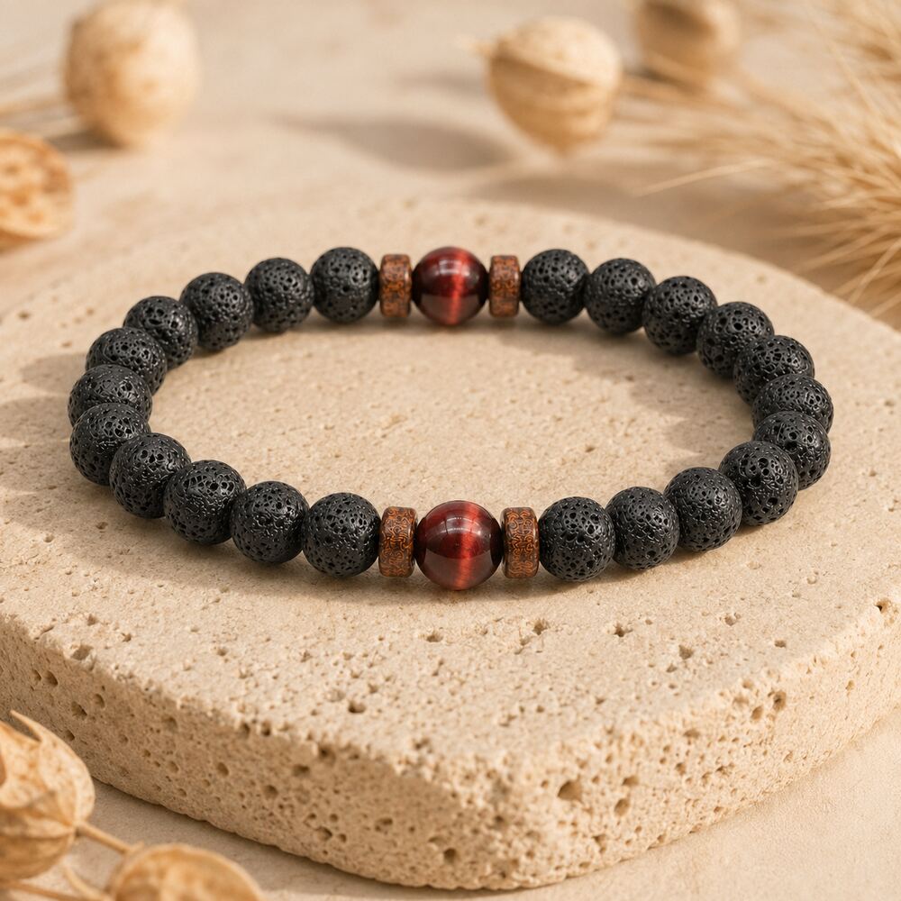 Bracelet "Force & Reconstruction" en Oeil de Taureau & Pierre de Lave Homme