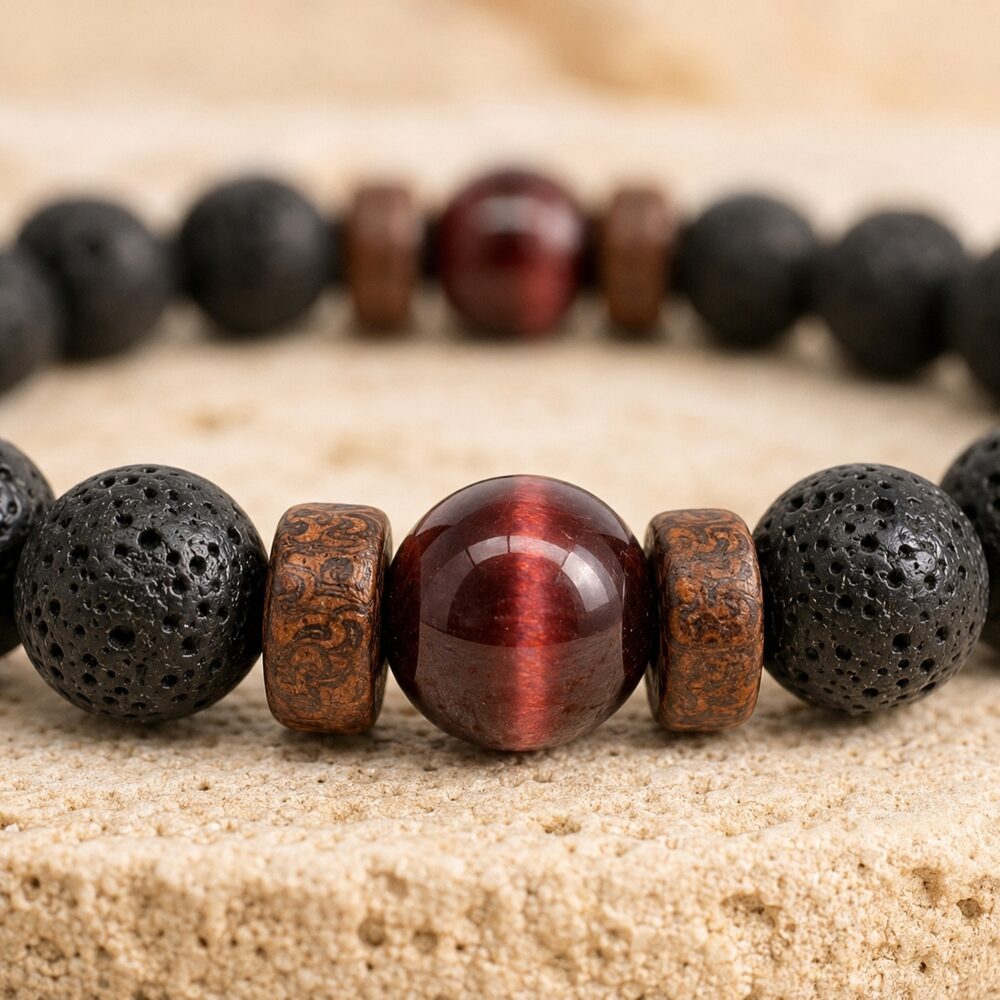 Bracelet "Force & Reconstruction" en Oeil de Taureau & Pierre de Lave Homme