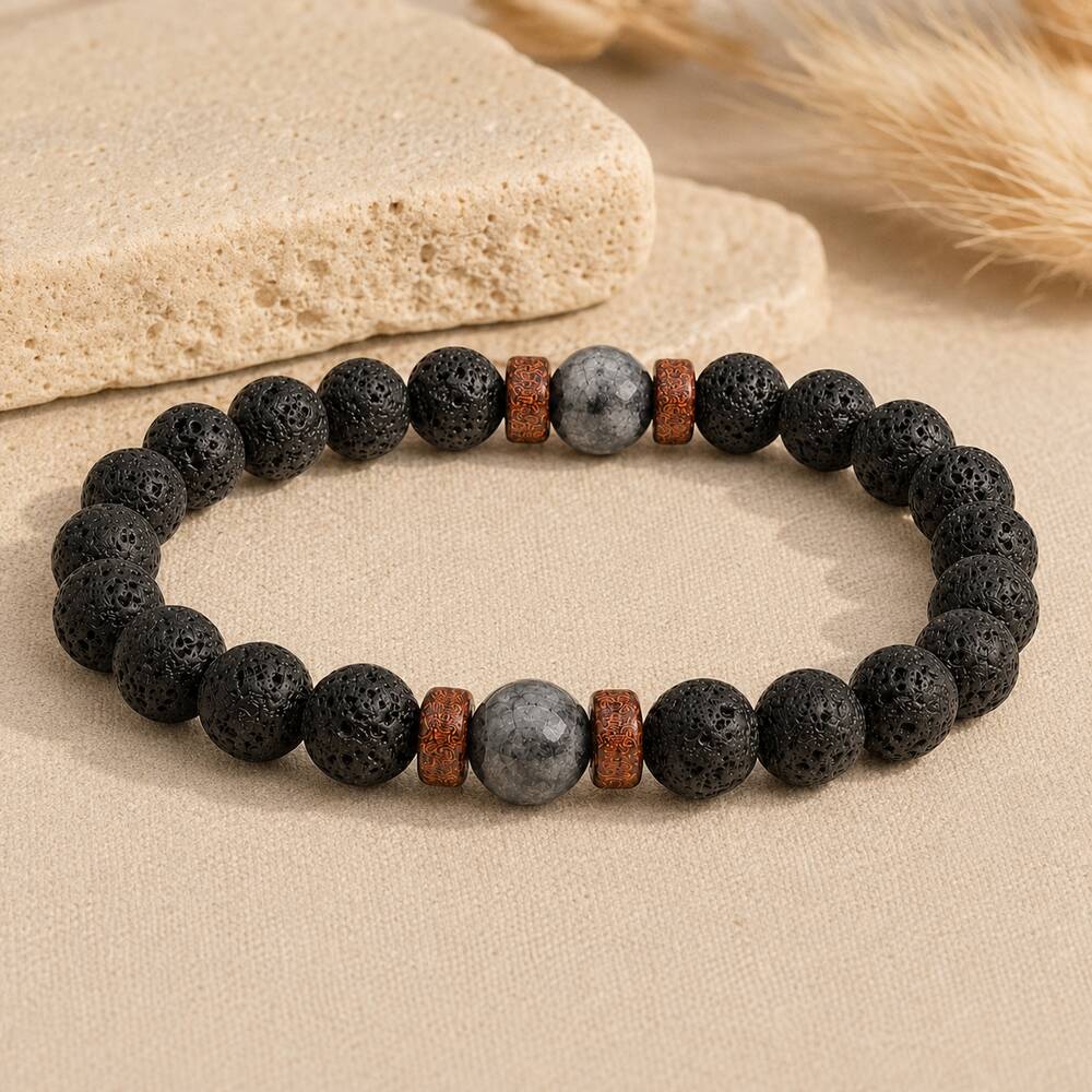 Bracelet "Relaxation & Reconstruction" en Larvikite & Pierre de Lave Homme