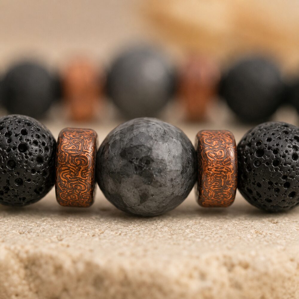 Bracelet "Relaxation & Reconstruction" en Larvikite & Pierre de Lave Homme