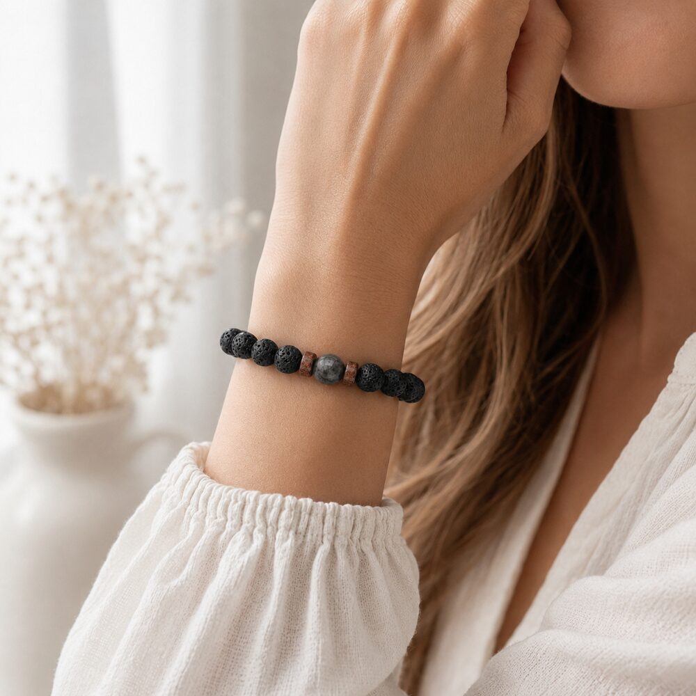 Bracelet "Relaxation & Reconstruction" en Larvikite & Pierre de Lave Homme