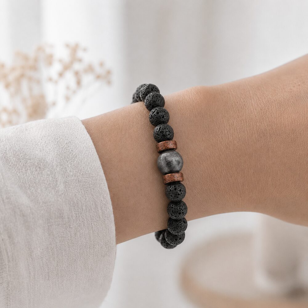 Bracelet "Relaxation & Reconstruction" en Larvikite & Pierre de Lave Homme