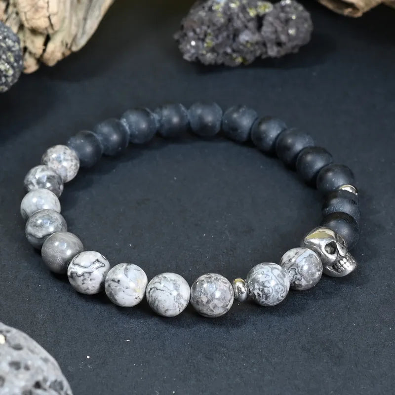 Bracelet Homme Onyx & Jaspe Gris - Force, Résilience & Transformation Tête de Mort