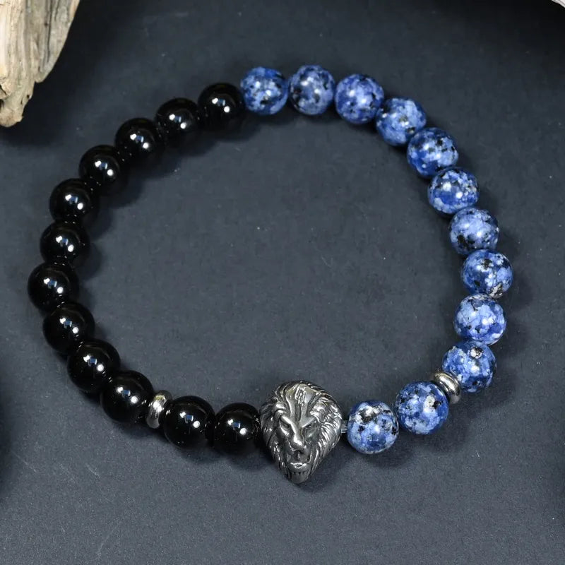 Bracelet Homme Onyx & Lapis Lazuli - Maîtrise, Sagesse & Charisme Lion
