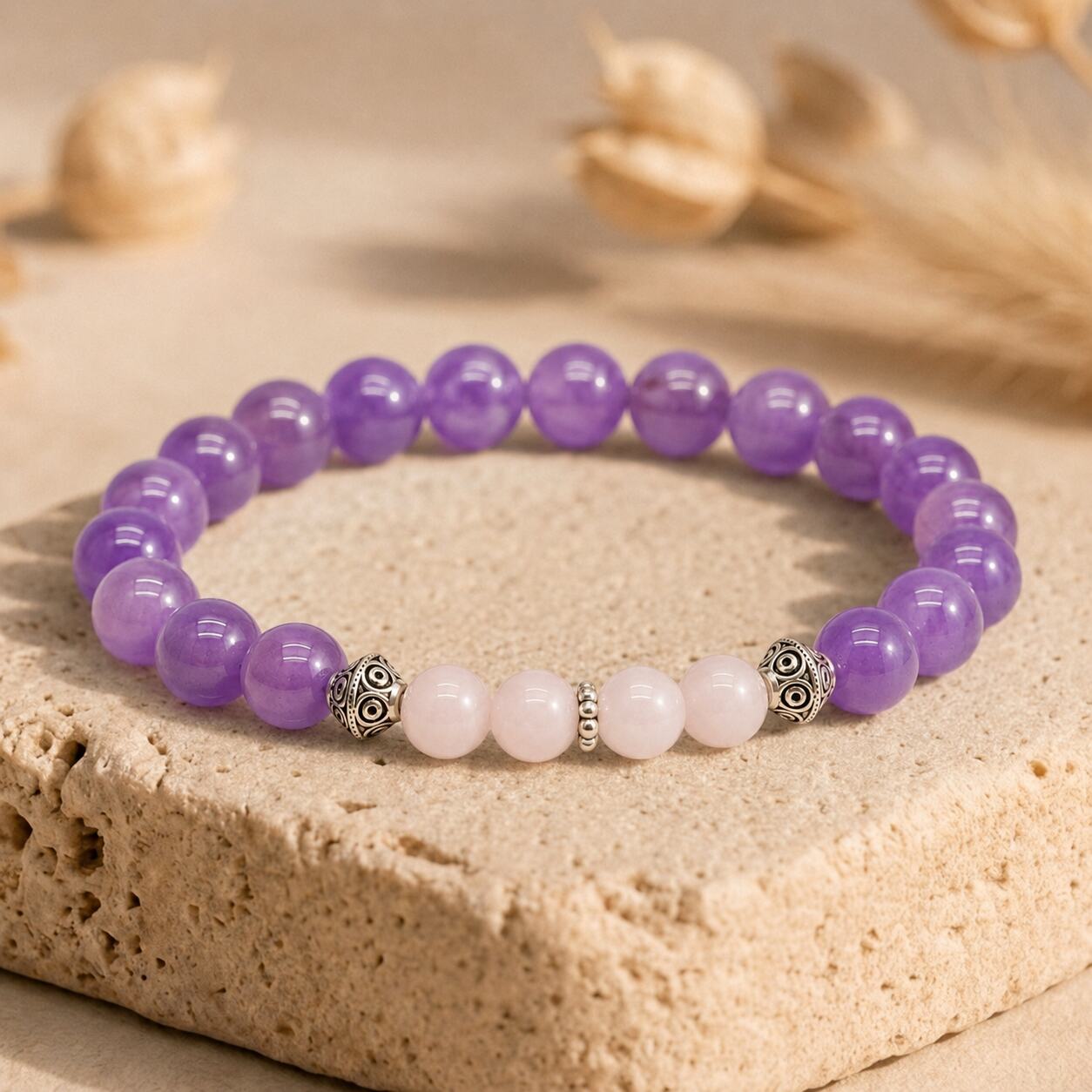 Bracelet "Amour & Harmonie" en Améthyste & Quartz Rose