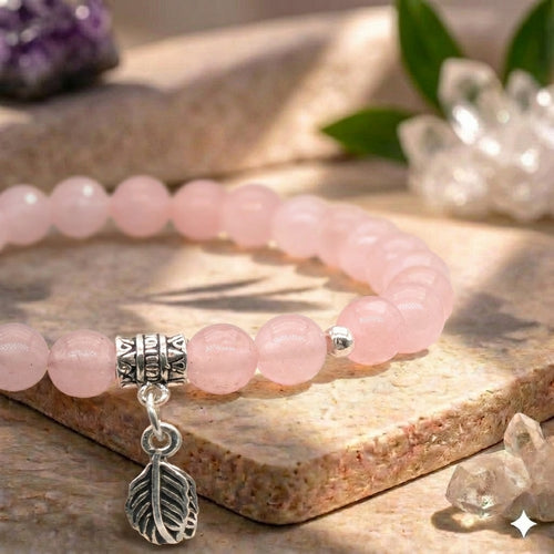 Bracelet "Amour" en Quartz Rose & Feuille Argent 925 - Pièce de Bijouterie -