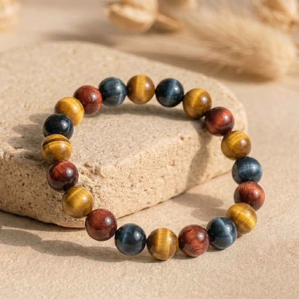 Bracelet "Oeil Triple" en Oeil-de-Tigre/Taureau/Céleste