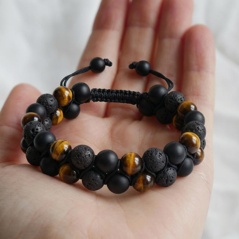 Bracelet "Confiance, Force & Reconstruction" en Oeil de Tigre, Pierre de Lave & Agate Noire - Homme