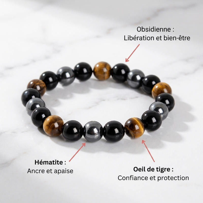 Bracelet "Protection Triple" en Hematite, Oeil-de-Tigre et Obsidienne