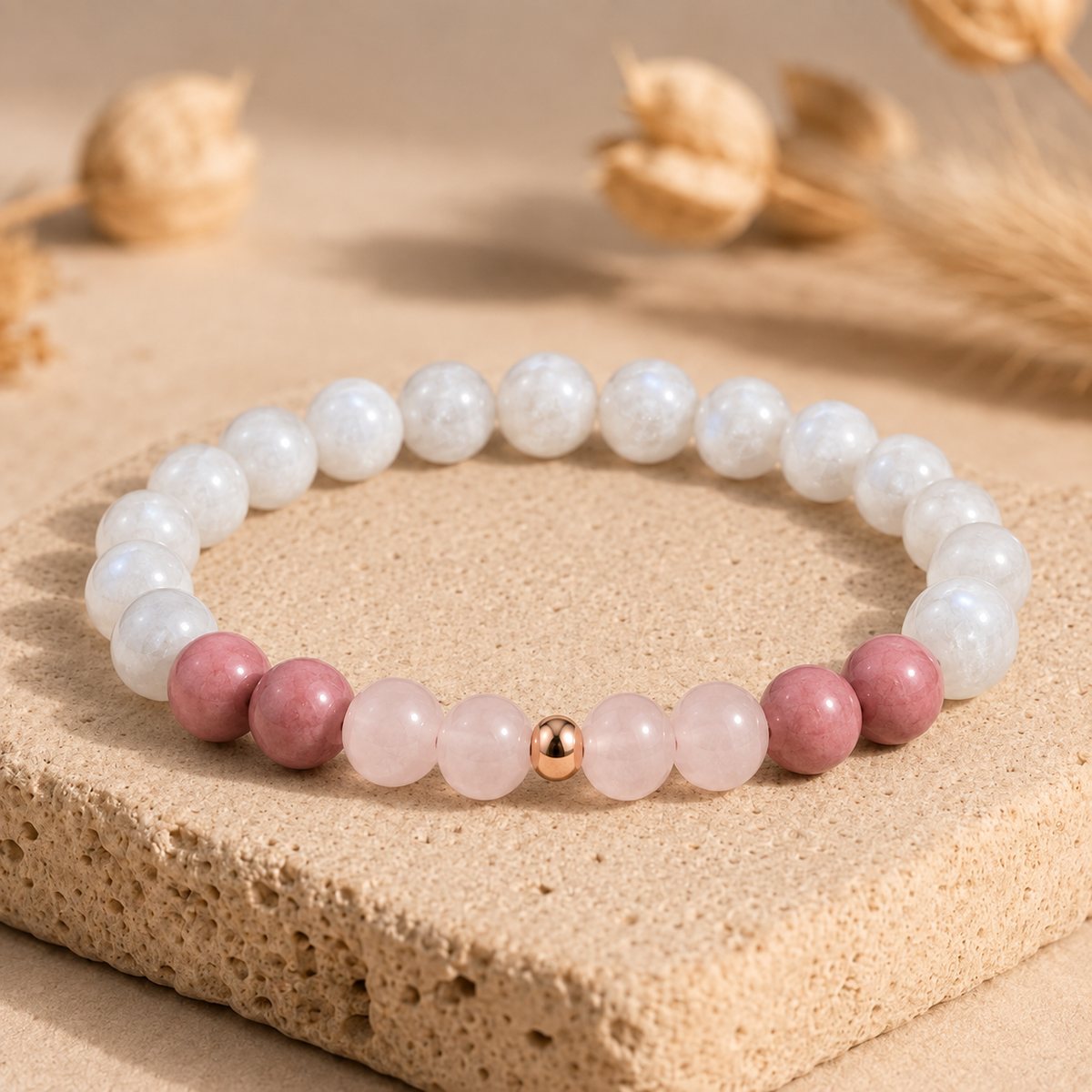 Bracelet "Retour à Soi" Mix en Quartz Rose, Pierre de Lune & Rhodonite - lespierresdubienetre