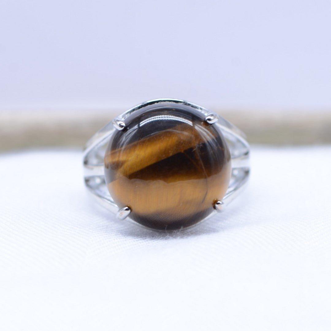 Bague "Confiance" Cabochon ronde en Oeil-de-Tigre (réglable) - lespierresdubienetre