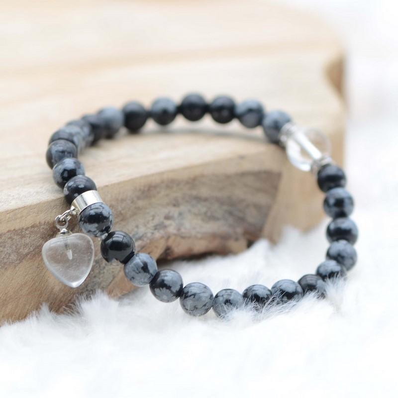 Bracelet "Spontanéité" en Obsidienne Neige (Coeur et Quartz) - lespierresdubienetre