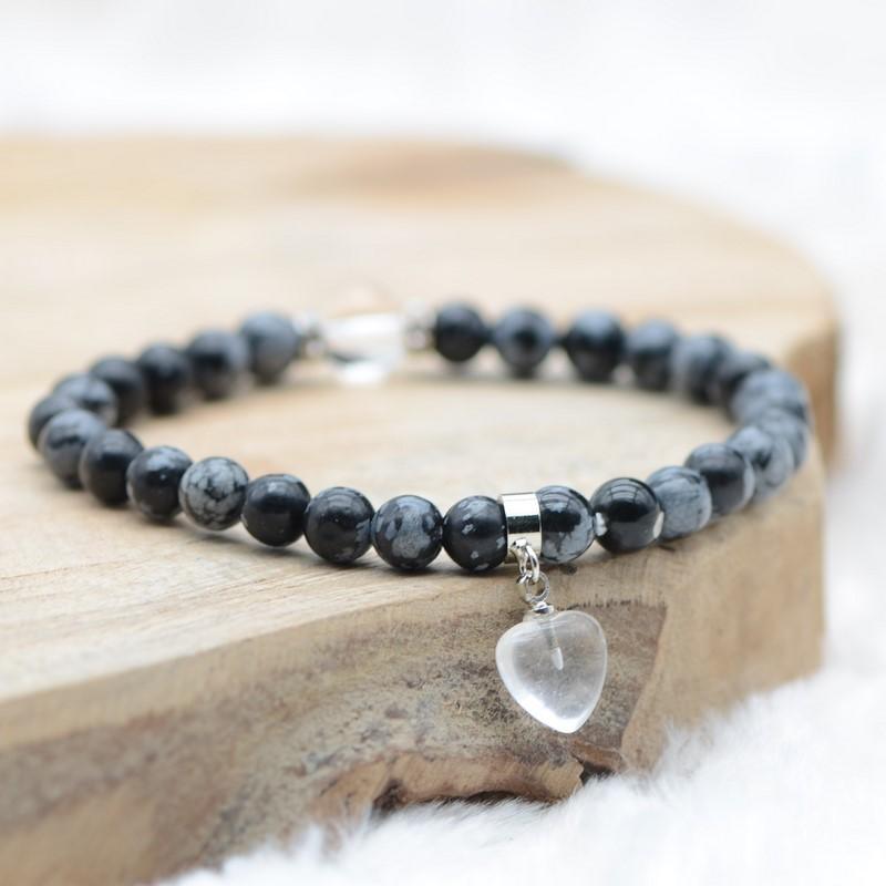 Bracelet "Spontanéité" en Obsidienne Neige (Coeur et Quartz) - lespierresdubienetre