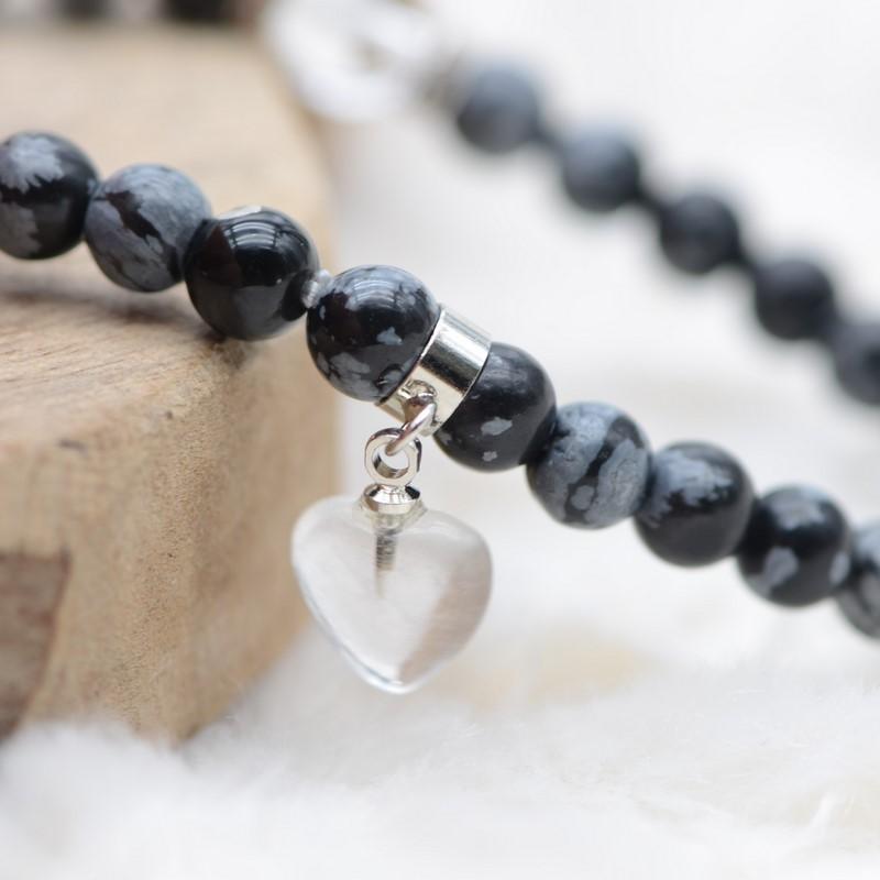 Bracelet "Spontanéité" en Obsidienne Neige (Coeur et Quartz) - lespierresdubienetre